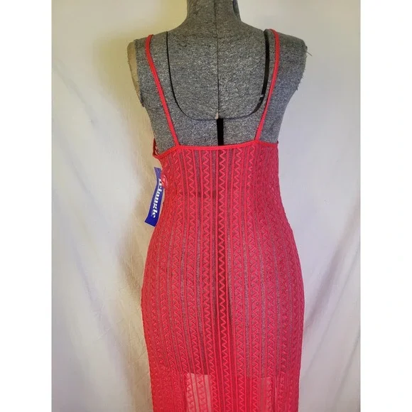 Vintage 80s 90s Red Mesh Geometric Double Slit Nightgown Lingerie Long Sheer M‎